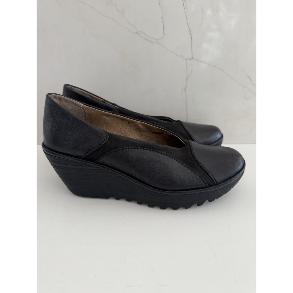 Fly London Shoes Womens 9 Black Leather Yaz Wedge Heel Court Pumps Slip On
